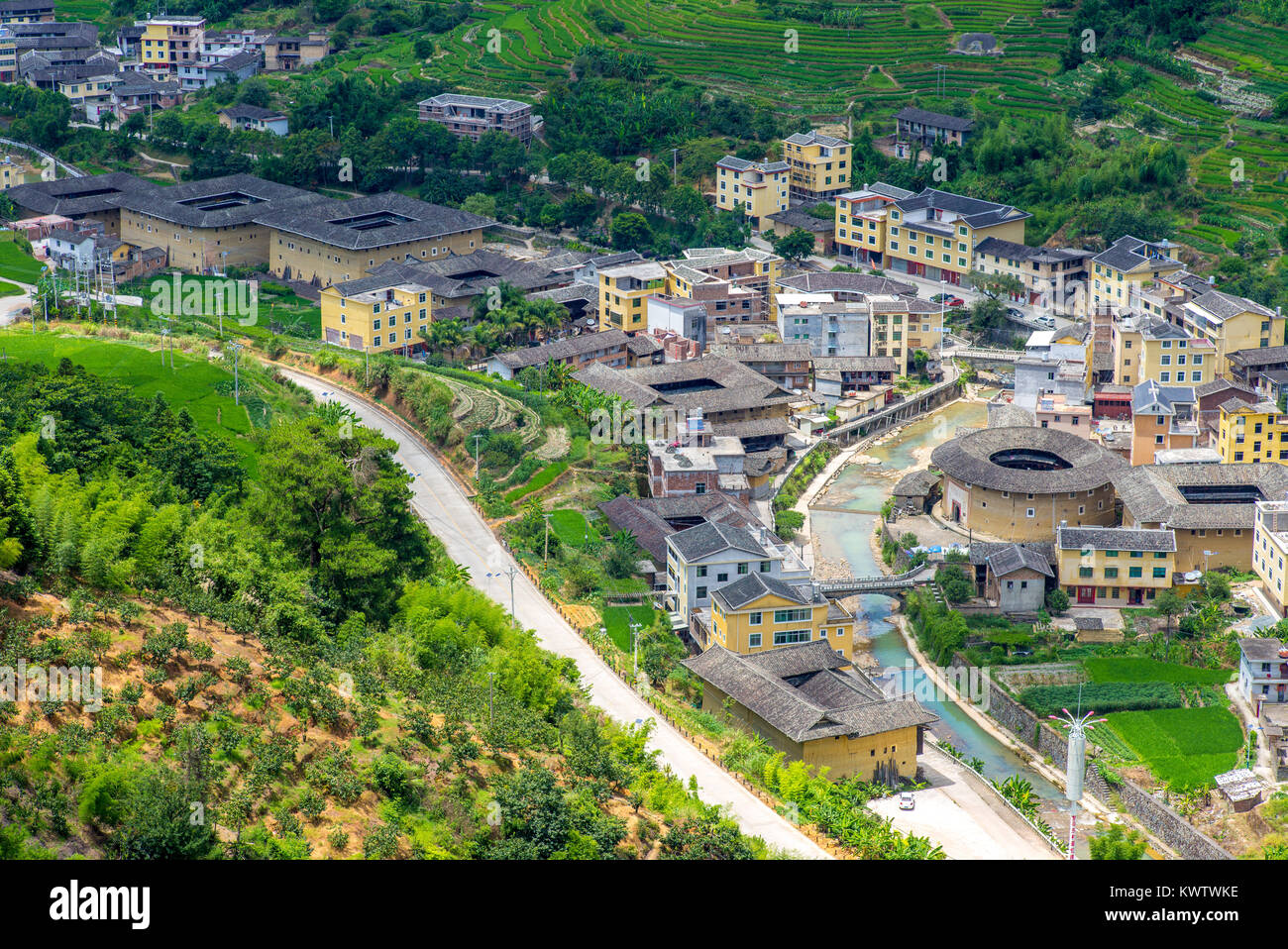 aerial view of Nanxi Tulou cluster in fujian, china Stock Photo