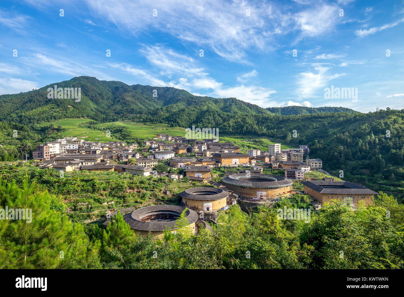 aerial view of Chuxi Tulou cluster in fujian, china Stock Photo