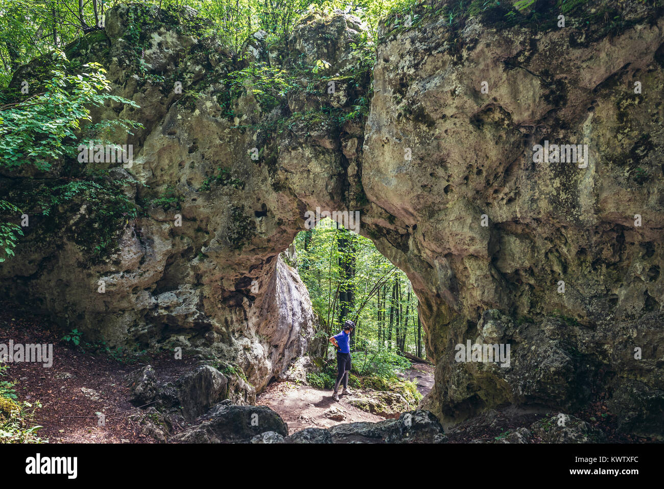 Famous limestone rock formation called Twardowski Gate in Polish Jura