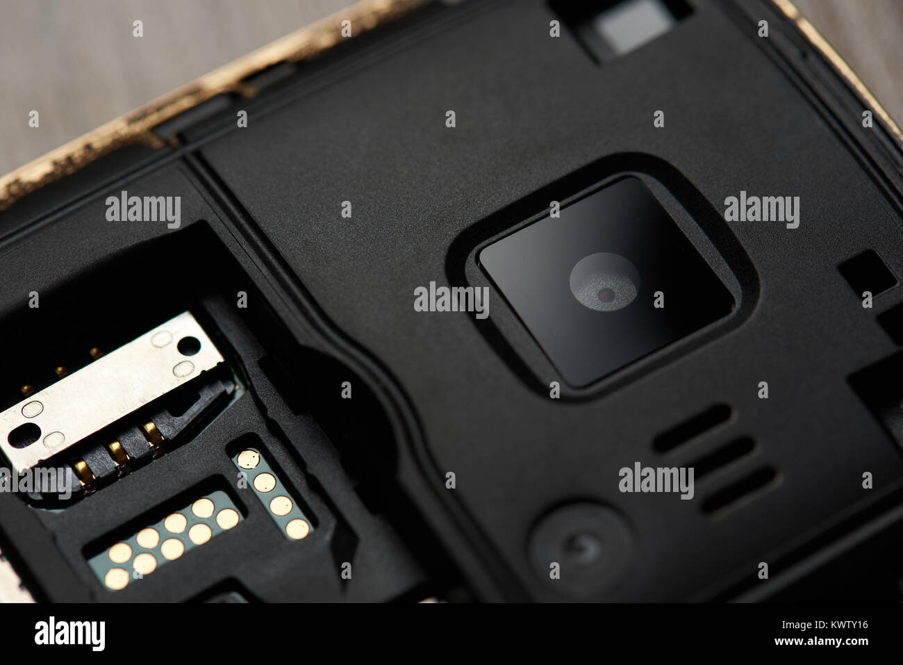 Close up of camera and sim slot in modern mobile phone Stock Photo