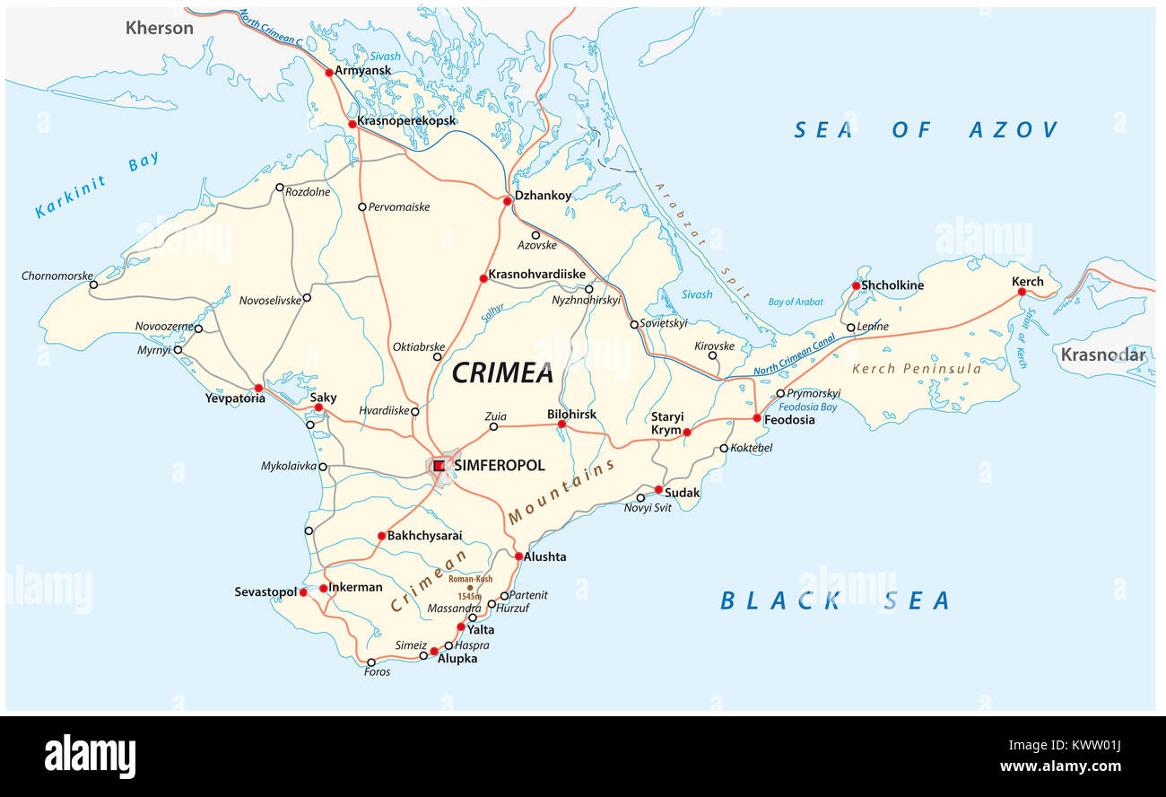 crimea road and major cities vector map Stock Photo