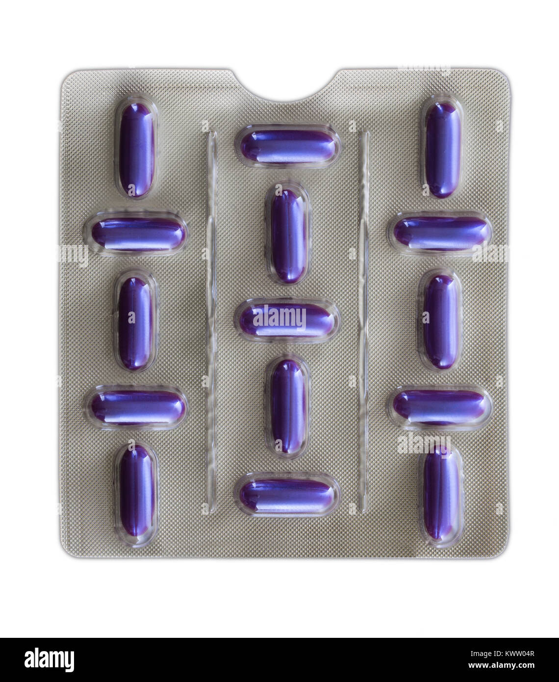 Blister Pack with purple pills on a white background Stock Photo