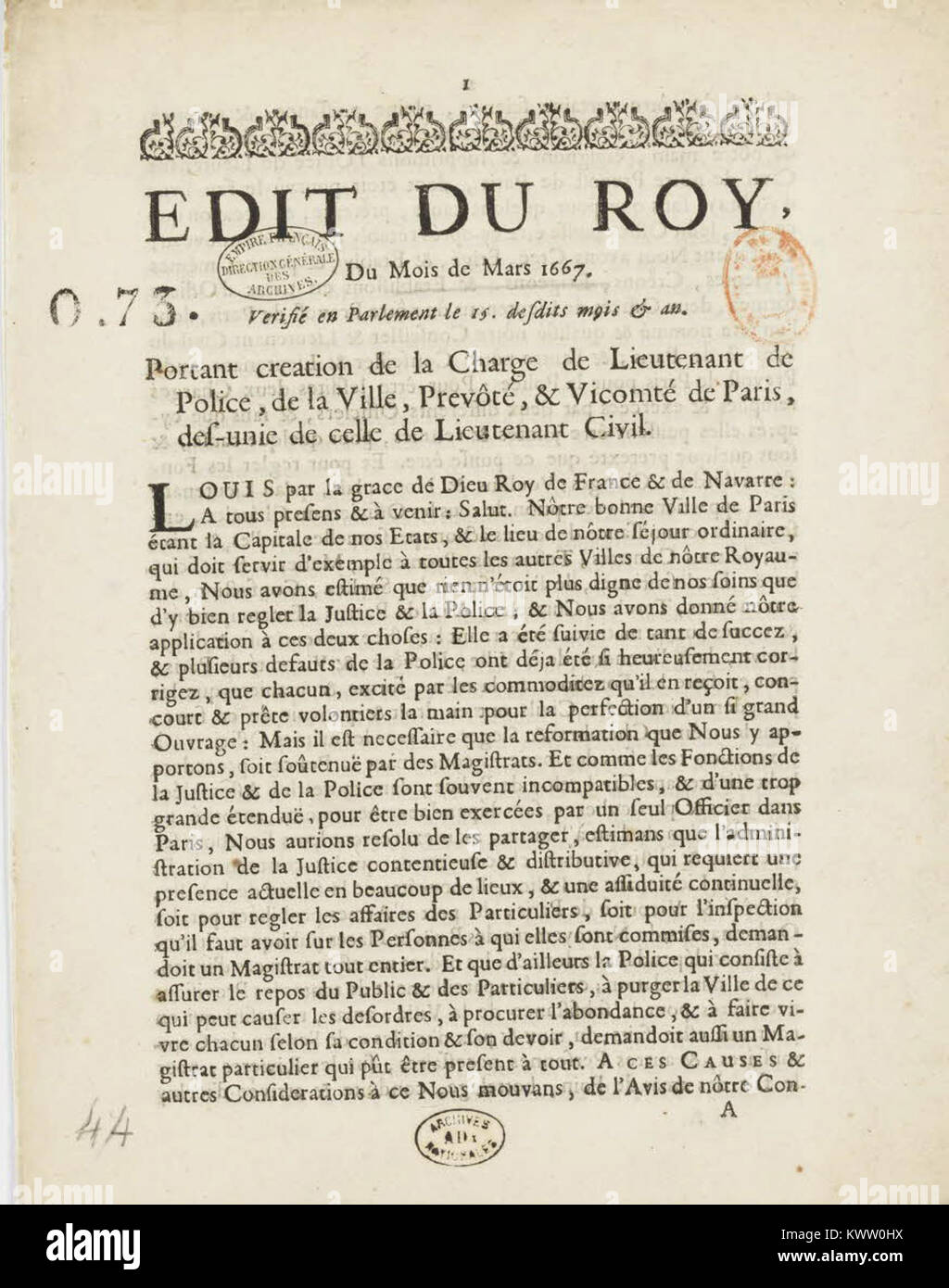 Edit imprime portant creation de la lieutenancegenerale de police hi