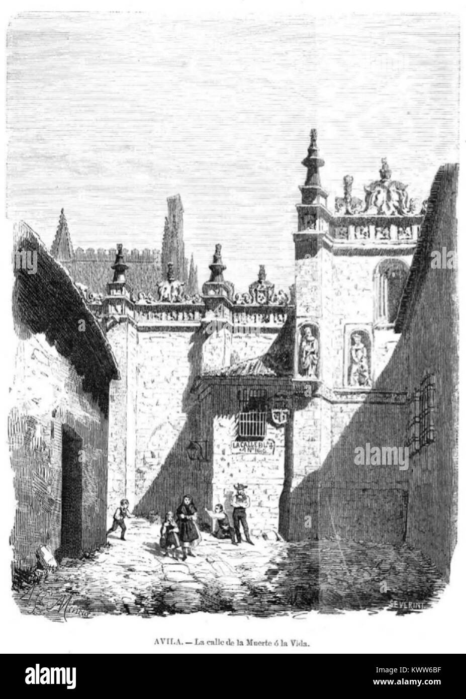 Ávila, La calle de la Muerte ó la Vida, de Gª Mencía, en La Ilustración Española y Americana, 24 de enero de 1873 Stock Photo