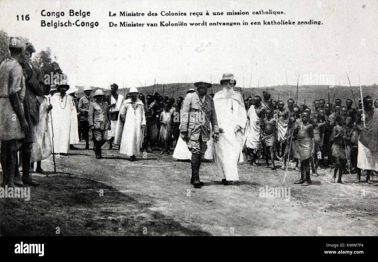 The image depicts the Belgian Minister of Colonies visiting a colonial ...