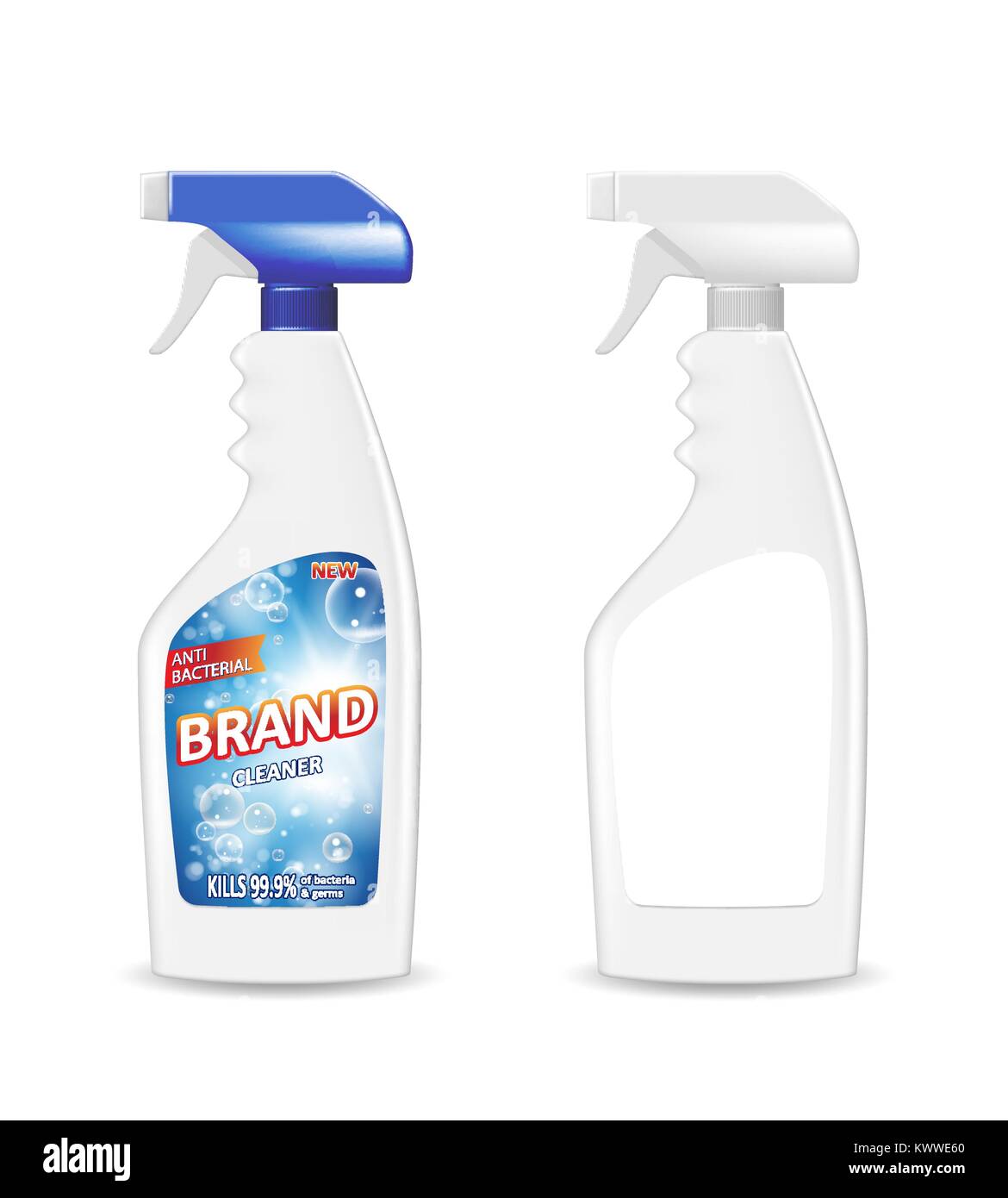 Spray Pistol Cleaner Plastic Bottle with detergent for bathroom. Bathroom cleaner ad. Spray Bottle mockup. Realistic 3d illustration. Stock Vector