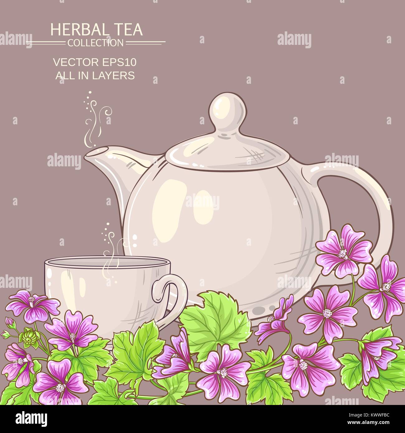 Cup of malva  tea with teapot on color background Stock Vector