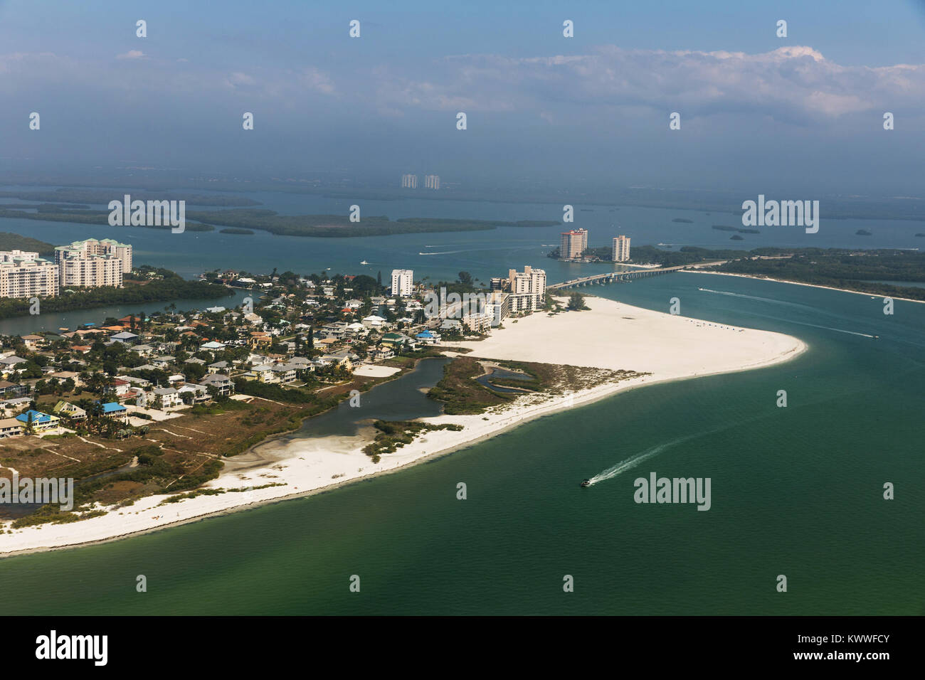 Aerial view to the large white sandy beach on the Estero Island
