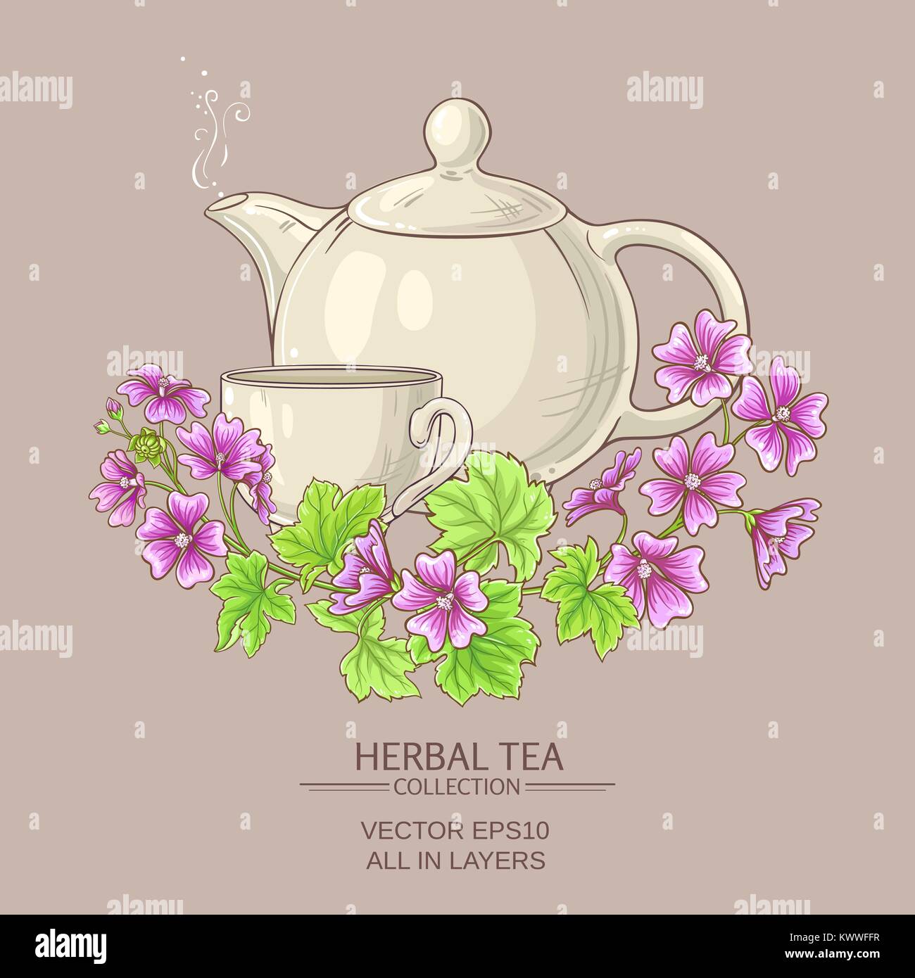 Cup of malva  tea with teapot on color background Stock Vector