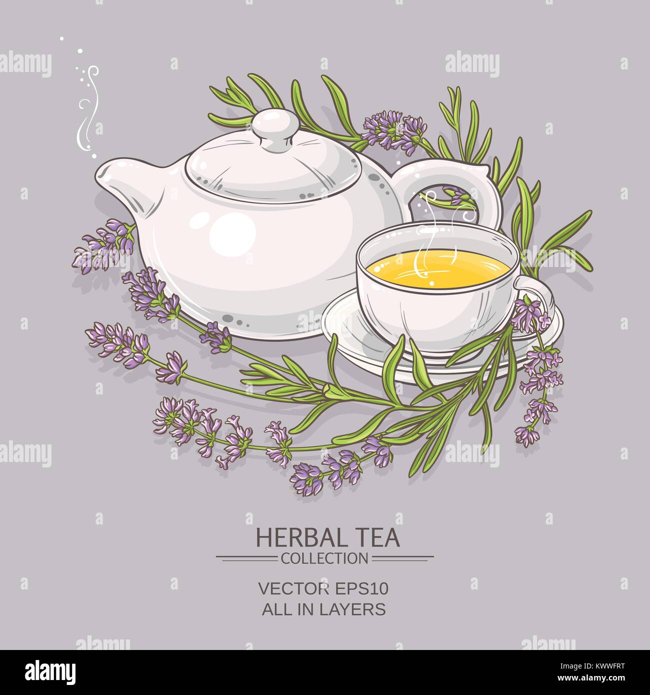 cup of lavender tea and  teapot on color   background Stock Vector