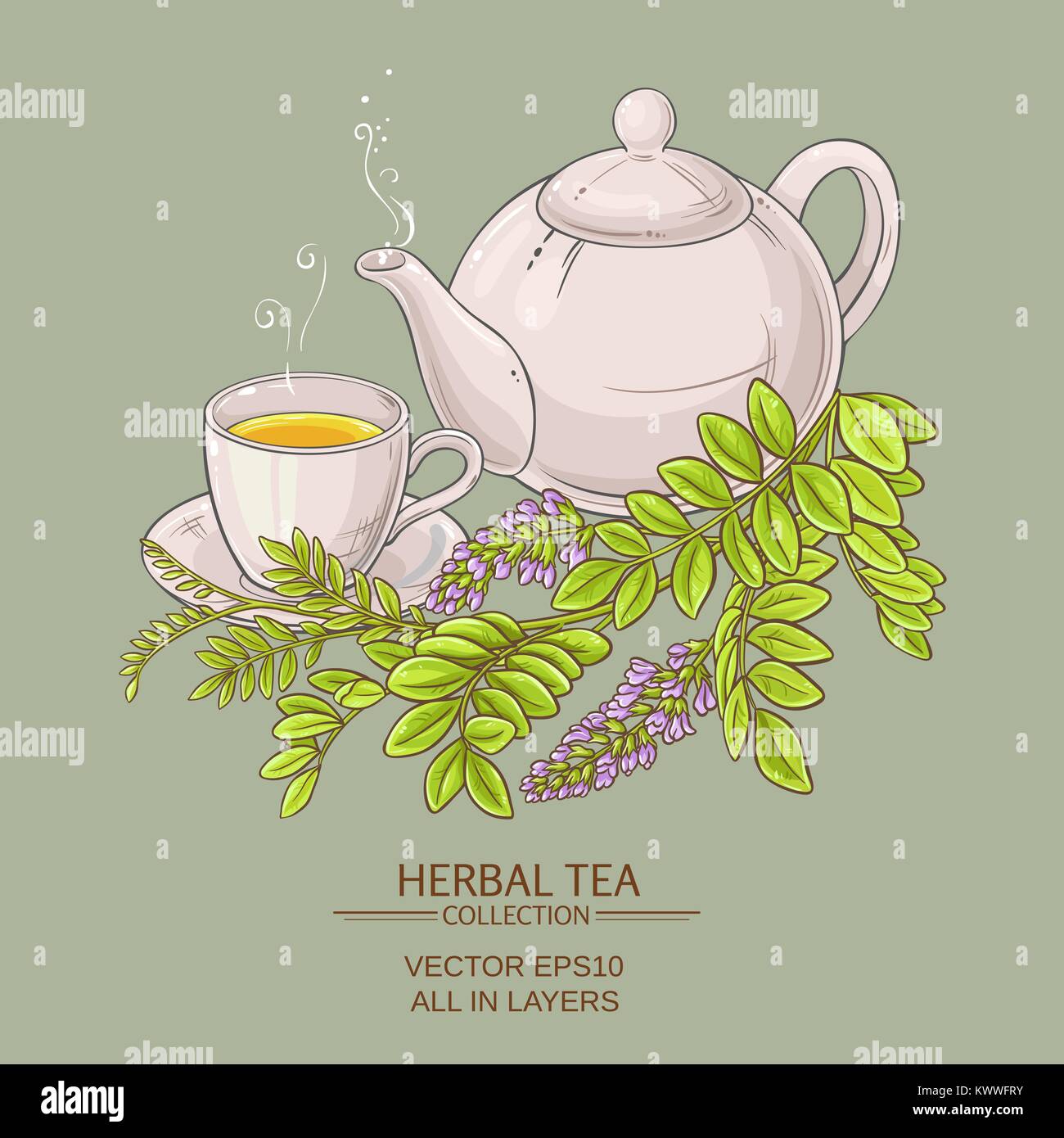 cup of licorice tea and teapot on color background Stock Vector