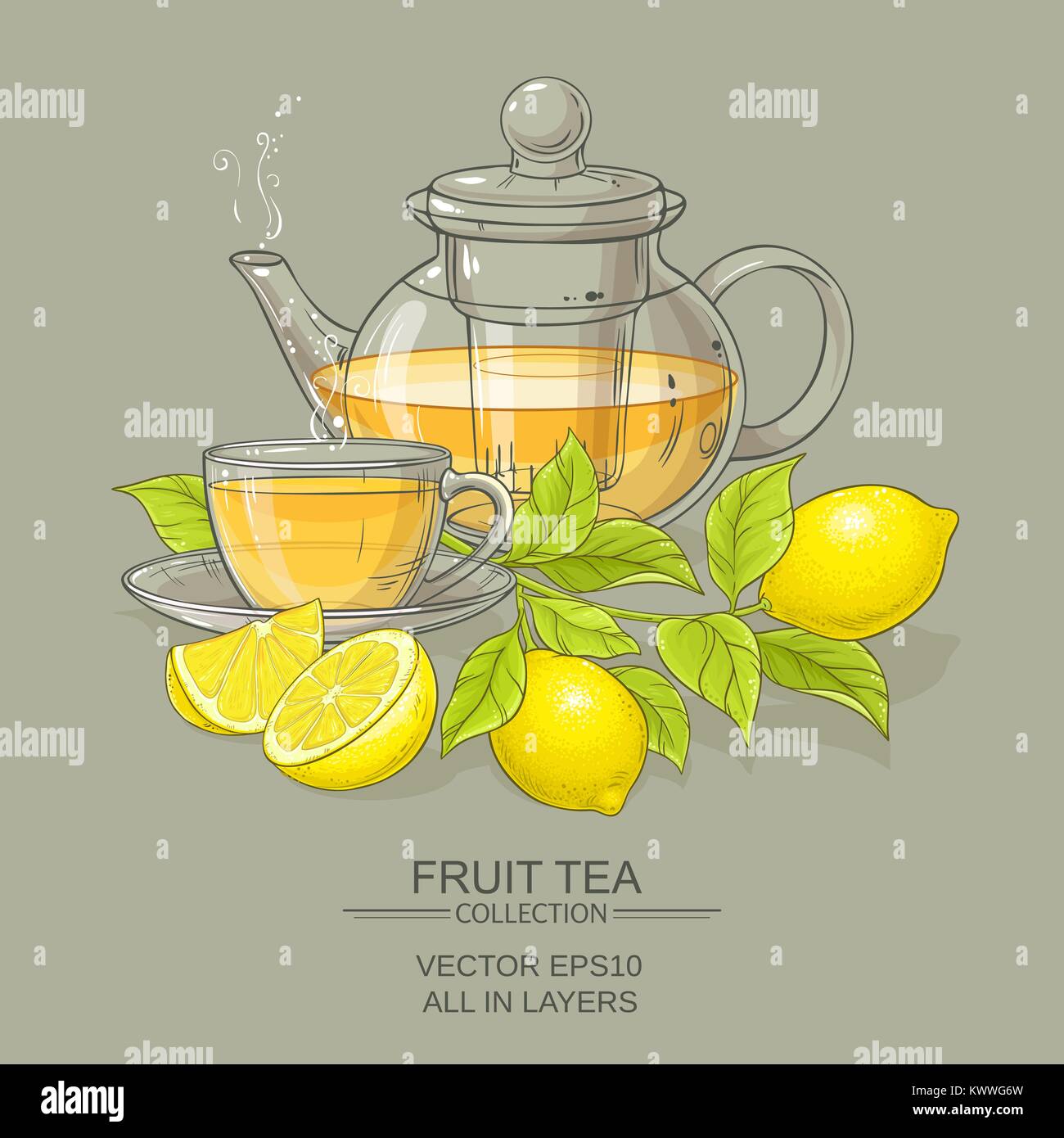 cup of lemon tea and teapot on color background Stock Vector Image ...