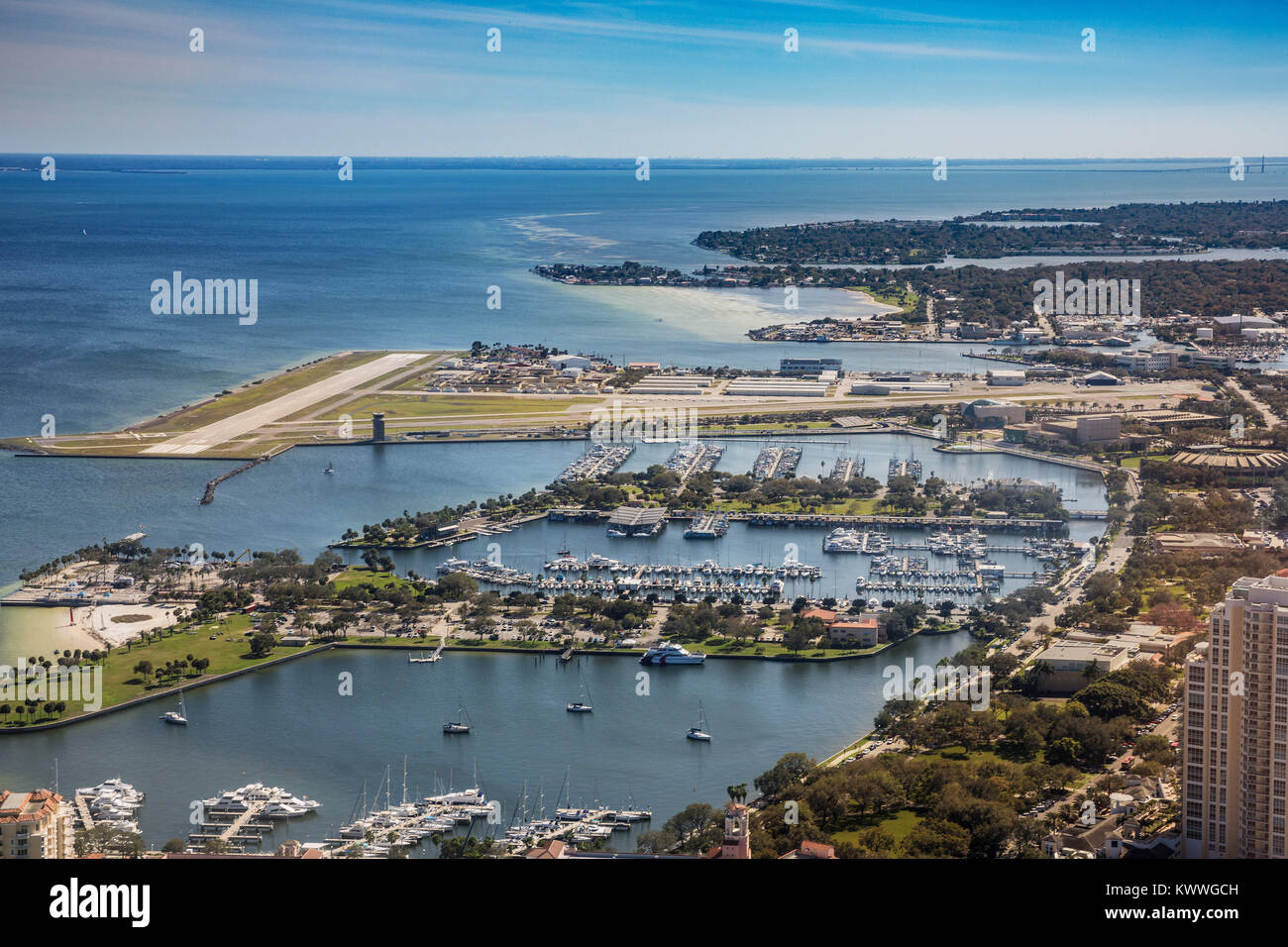 Aerial view of downtown St. Petersburg, Florida. Airport in St