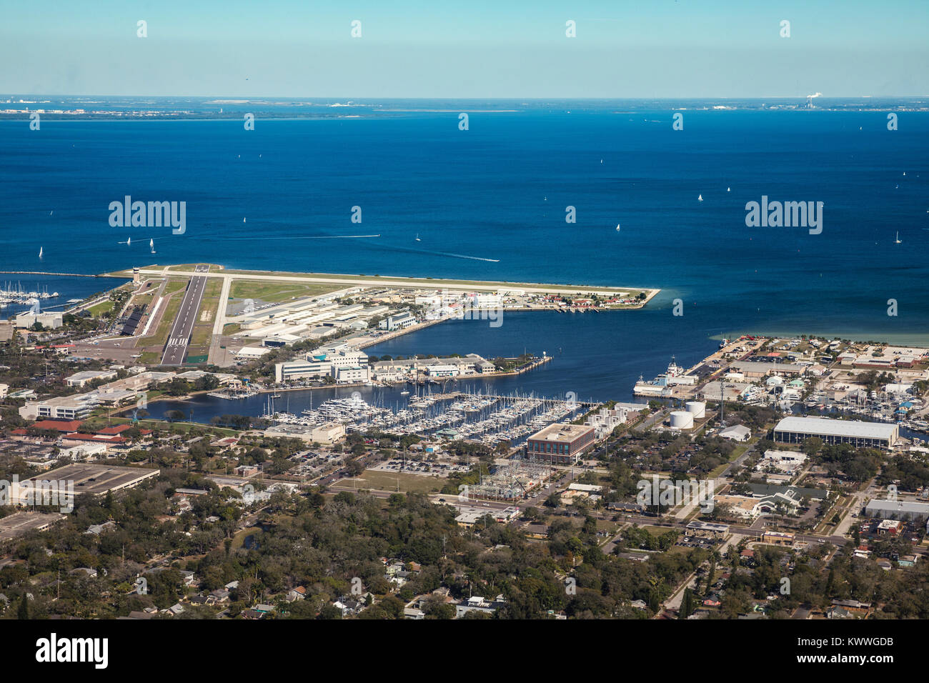 Aerial view of downtown St. Petersburg, Florida. Landing at the airport