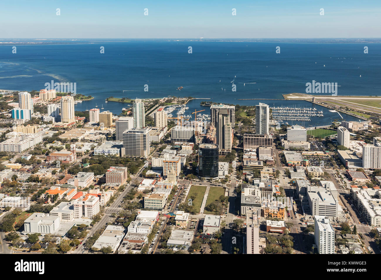 Aerial view of downtown St. Petersburg, Florida. Landing at the airport