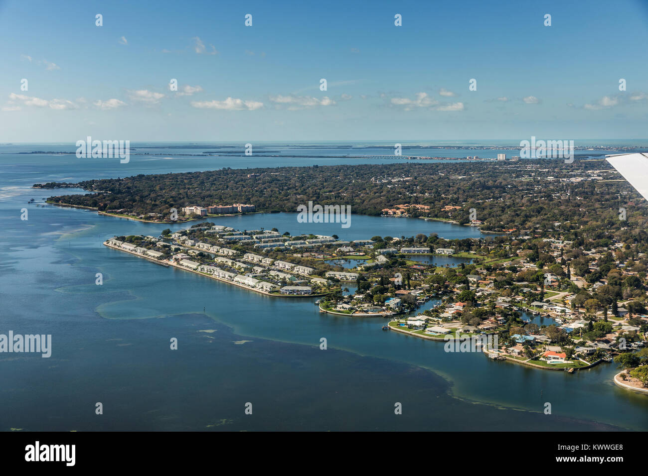 Aerial view of city Bradenton, Florida. Approach to land at the airport