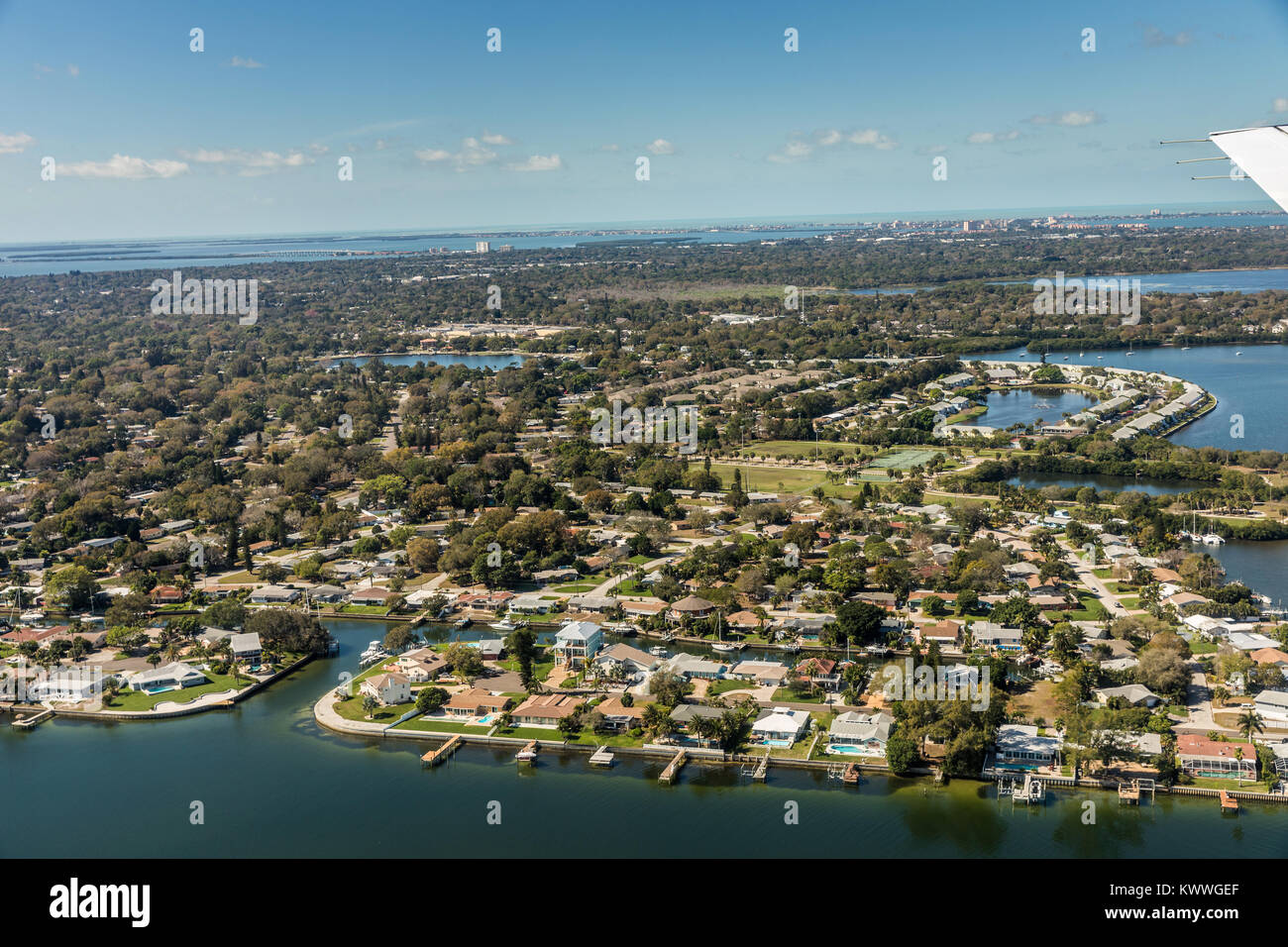 Aerial view of downtown St. Petersburg, Florida. Landing at the airport