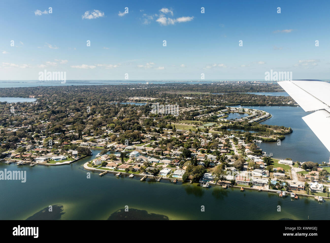 Aerial view of downtown St. Petersburg, Florida. Landing at the airport