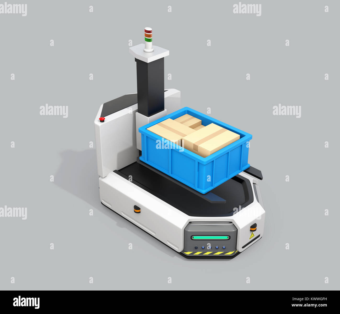 Self driving AGV (Automatic guided vehicle) with forklift isolated on gray background. 3D rendering image. Stock Photo