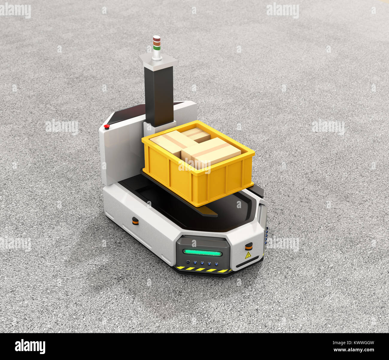 Self driving AGV (Automatic guided vehicle) with forklift on concrete ground. 3D rendering image. Stock Photo