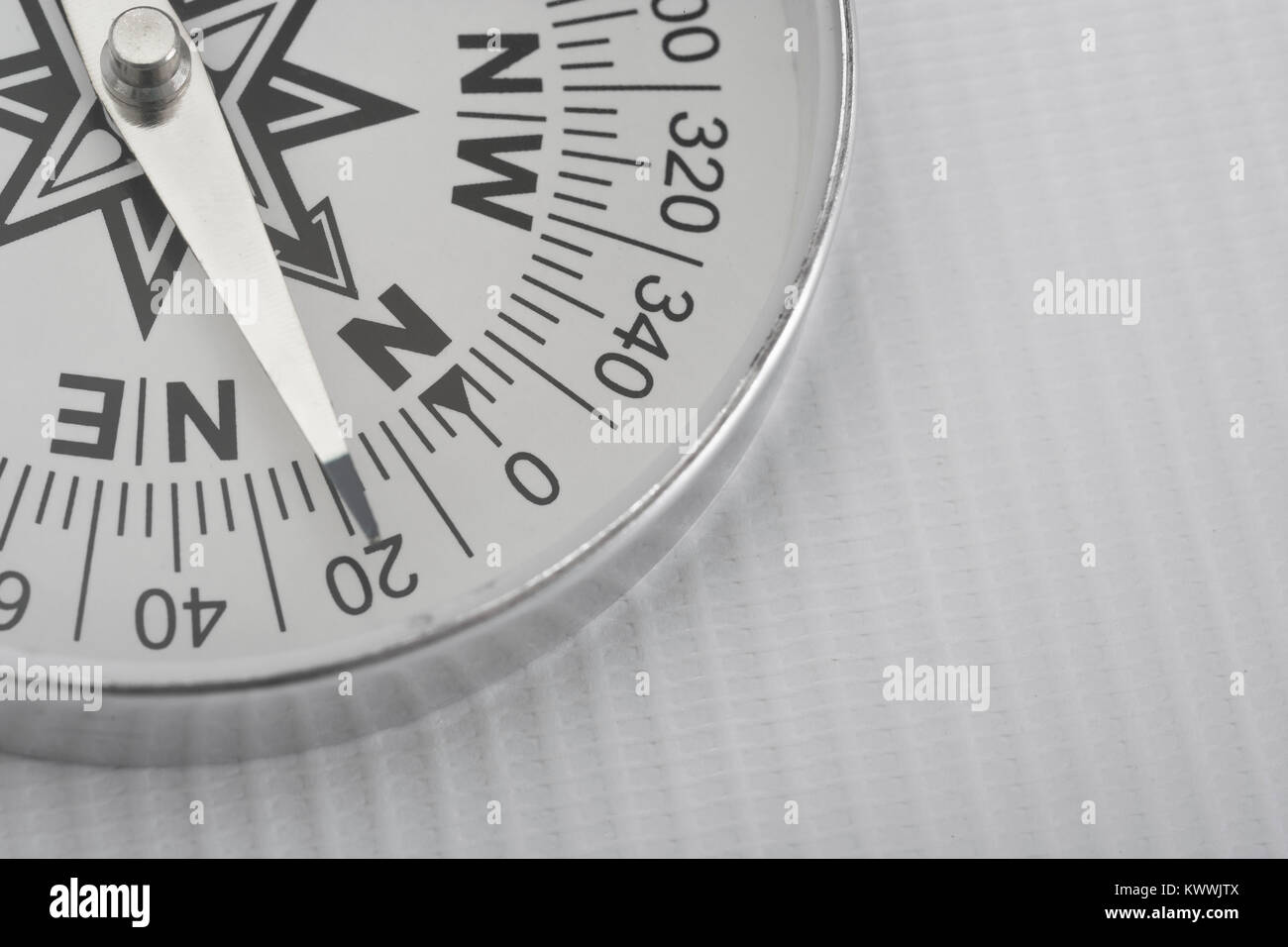 Macro-photo of compass rose face with needle. Concept navigation, compass north. Stock Photo