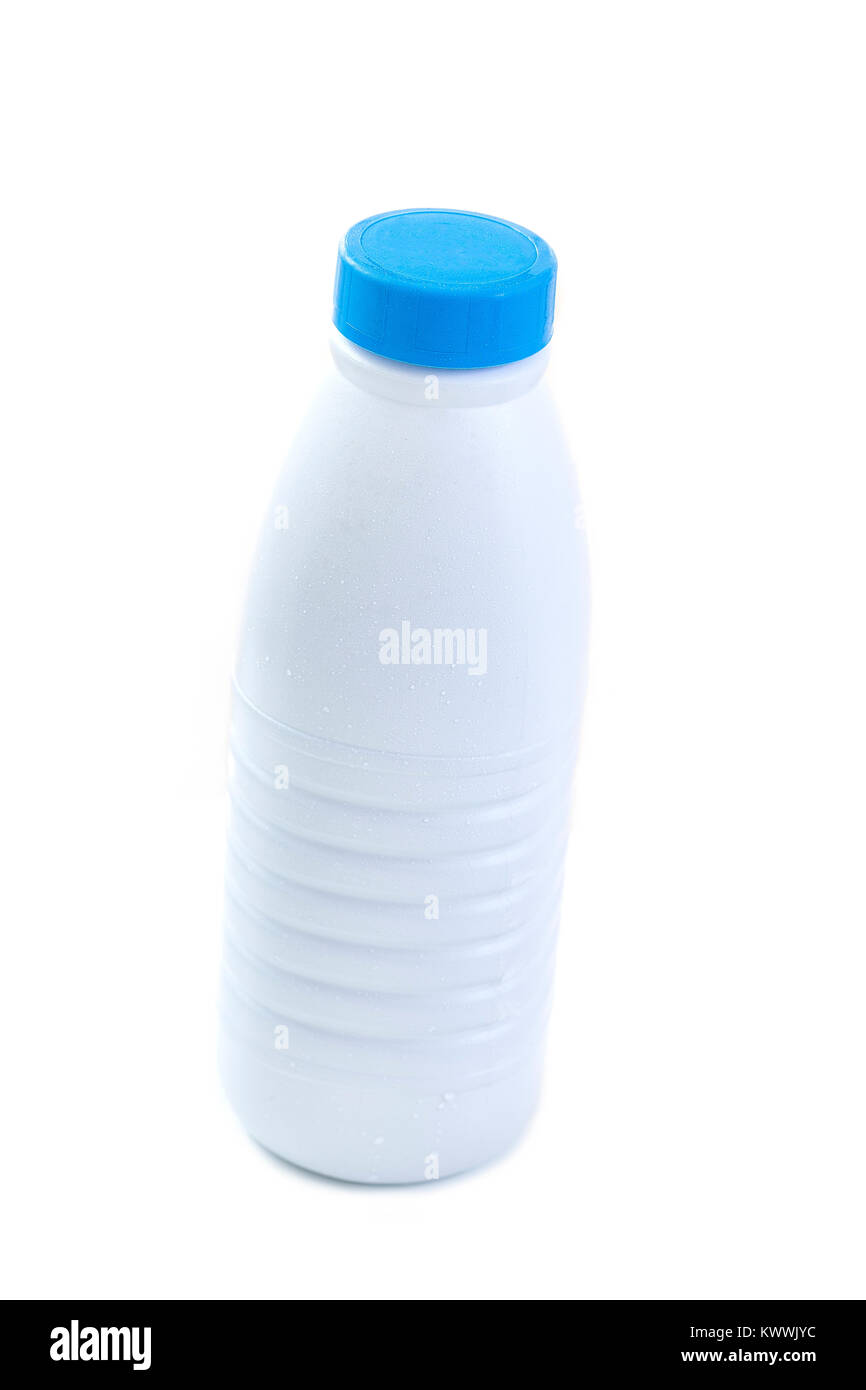 Plastic bottle with blue lid for dairy foods. Isolated on white background Stock Photo
