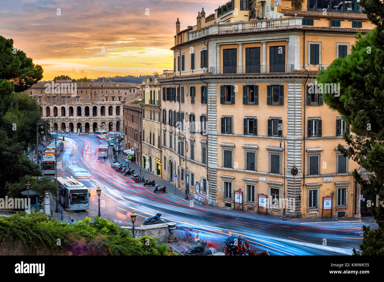 Sunset view from the Vittoriano over the via del teatro di Marcello Stock Photo