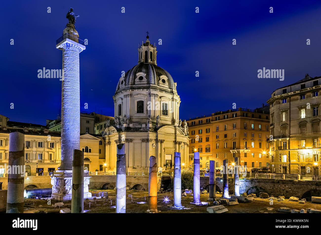 Night photography of Rome famous Colonna Traiana and Chiesa SS Nome di Maria Stock Photo