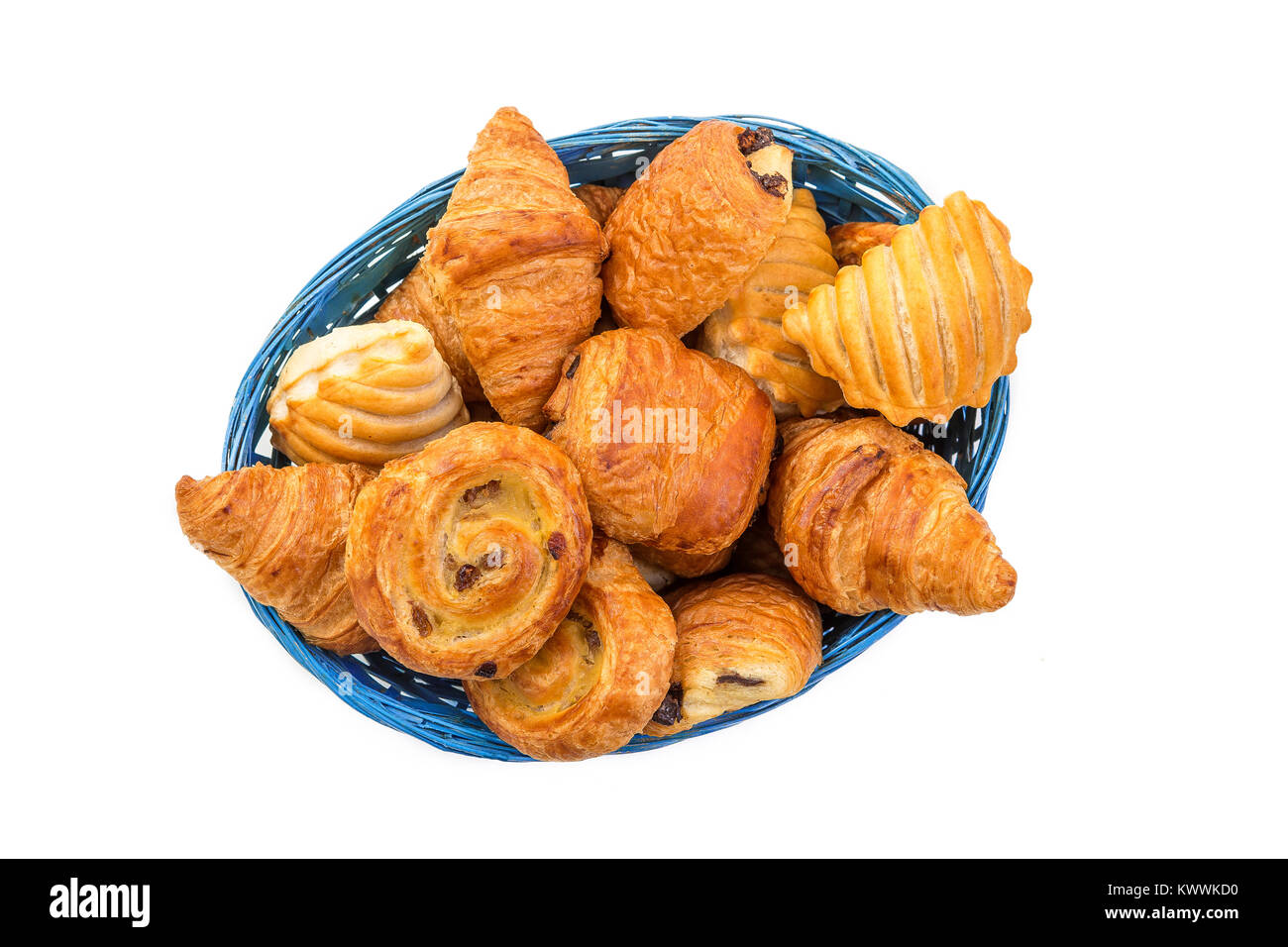 Close up Gourmet Buttery and Flaky pastries in Vienna Style on a Basket Top view with white Background. Stock Photo