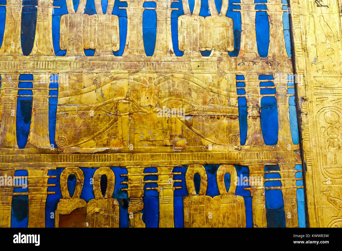 A blue and gold hieroglyphic panel in the Egyptian Museum of Antiquities, Cairo Stock Photo