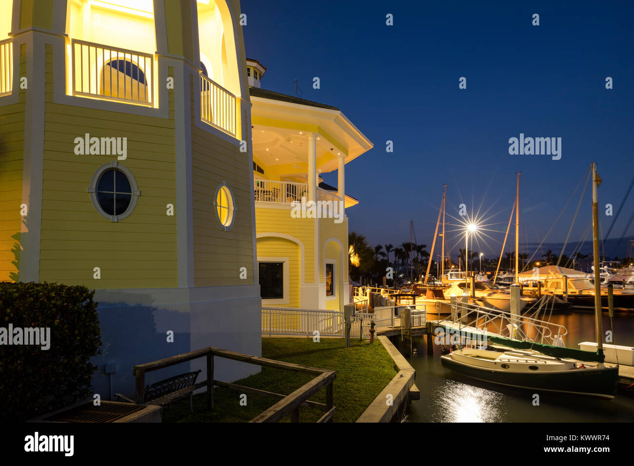 Twilight over the Naples Sailing and Yacht Club, Naples, Florida, USA Stock Photo