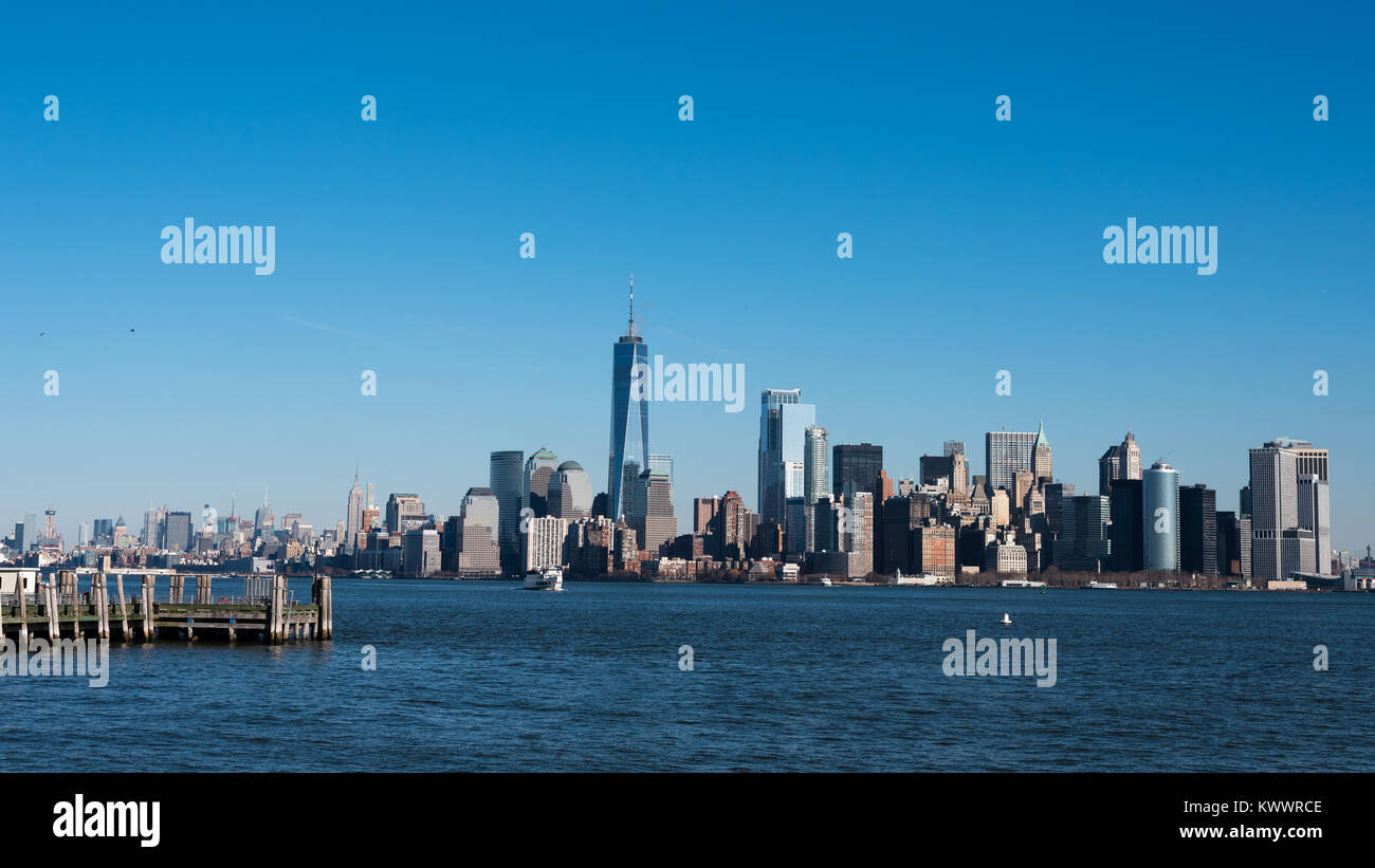 Lower Manhattan skyline, view from Liberty Island, New York. Stock Photo