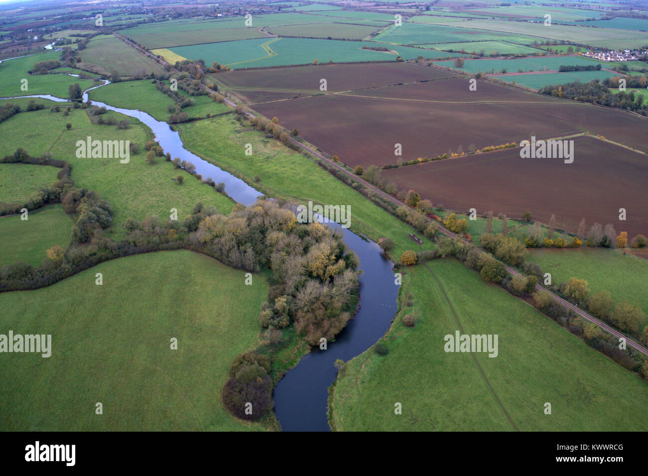 Drones view of the River Nene valley, Castor village, Cambridgeshire