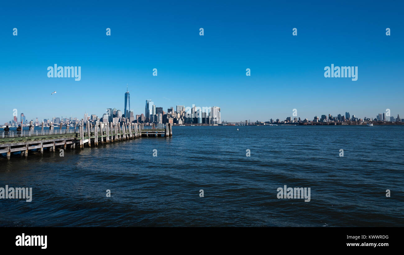 Lower Manhattan, view from Liberty Island, New York. Stock Photo