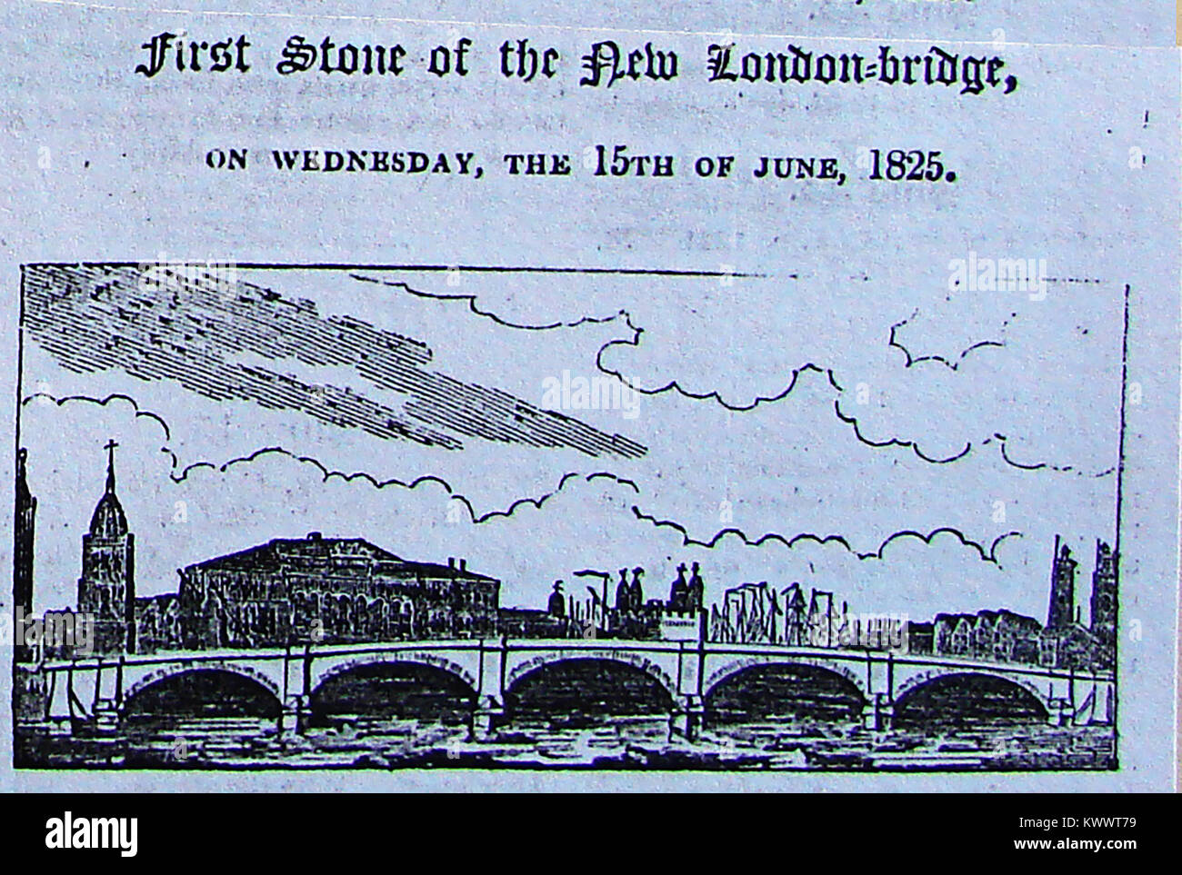 NEW LONDON BRIDGE - A woodcut commemorating laying of the foundation stone 15 June 1825 designed by John Rennie (by Jolliffe and Banks of Merstham, Surrey) Stock Photo