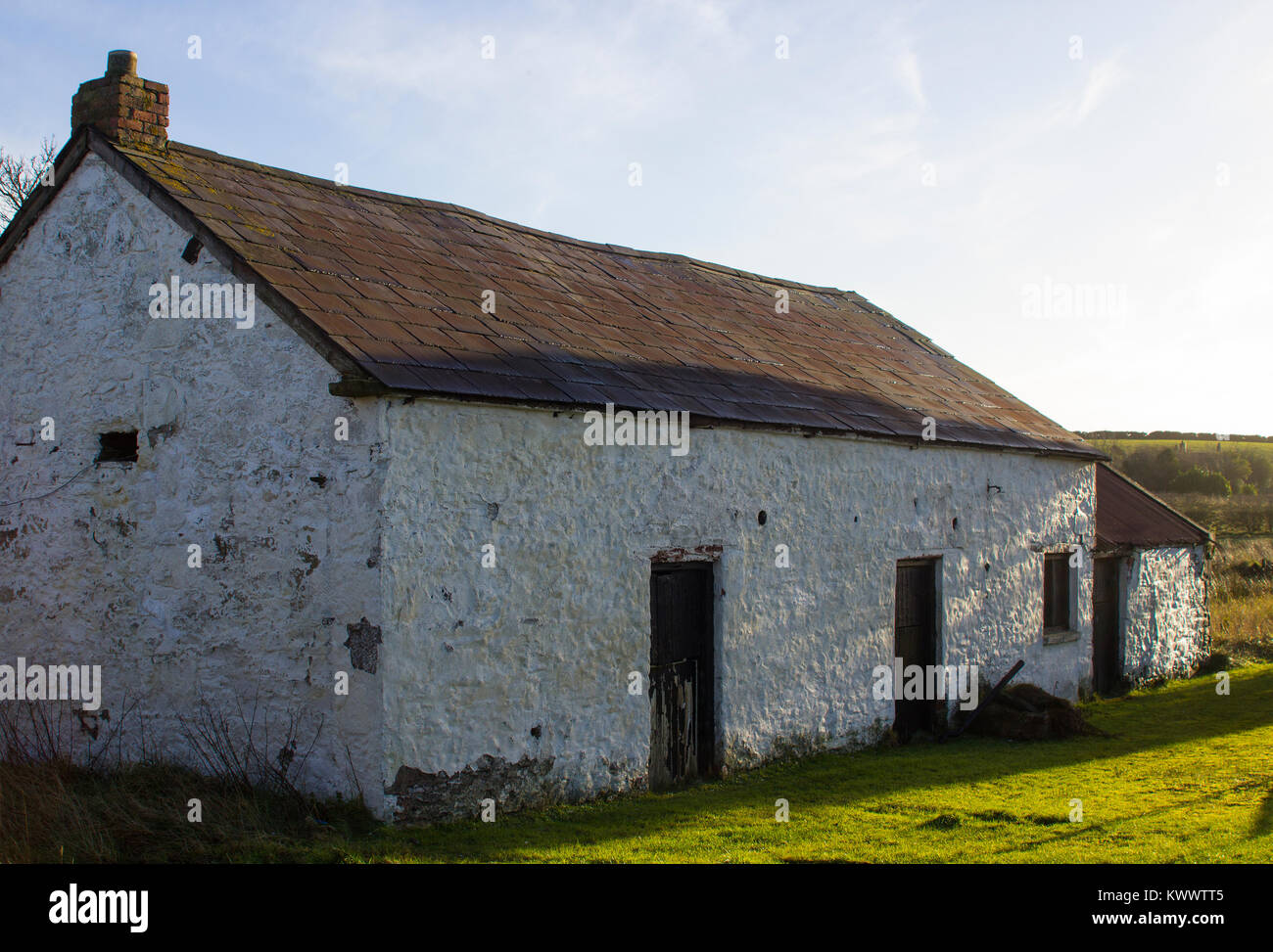 An old whitewashed stone built Irish Cottage with a small annex roofed with bangor Blue roofing tiles and rusting corrugated tin sheets Stock Photo