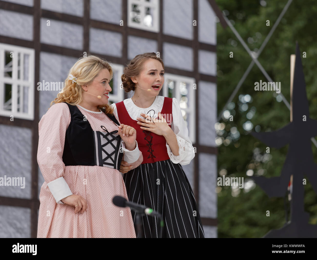 St. Petersburg, Russia - July 19, 2017: Micaela di Catalano (left) and Olga Cheremnykh in the opera The Marksman of C. M. von Weber outdoors during th Stock Photo