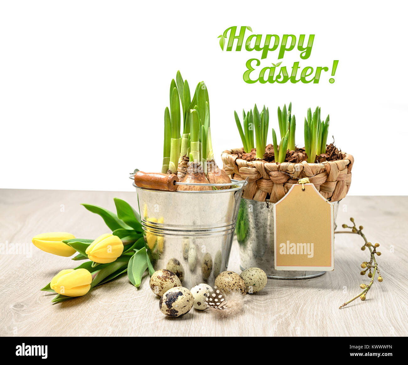 Easter Border Wooden Table With Spring Decorations Flower Pots