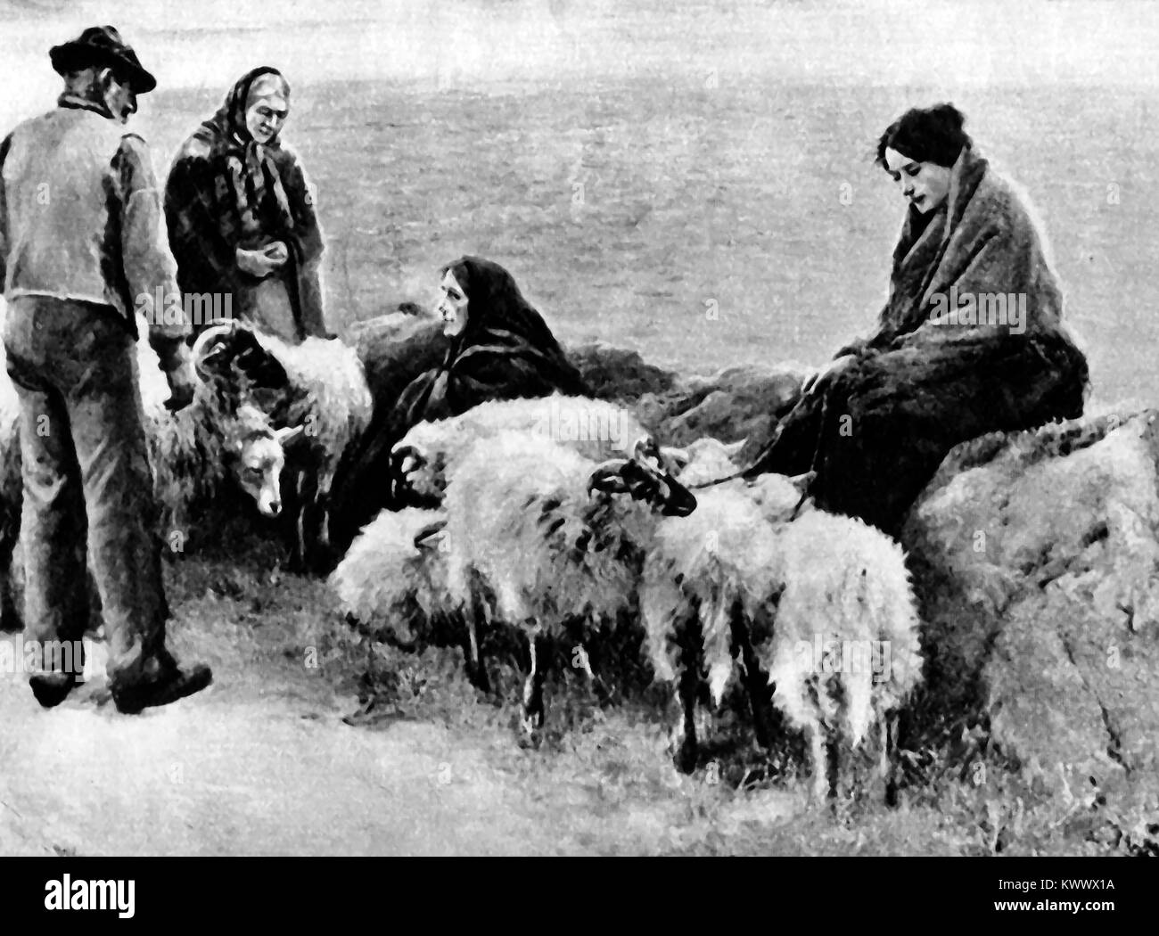 1921     Irish peasants waiting for a ferry to transport their sheep Stock Photo