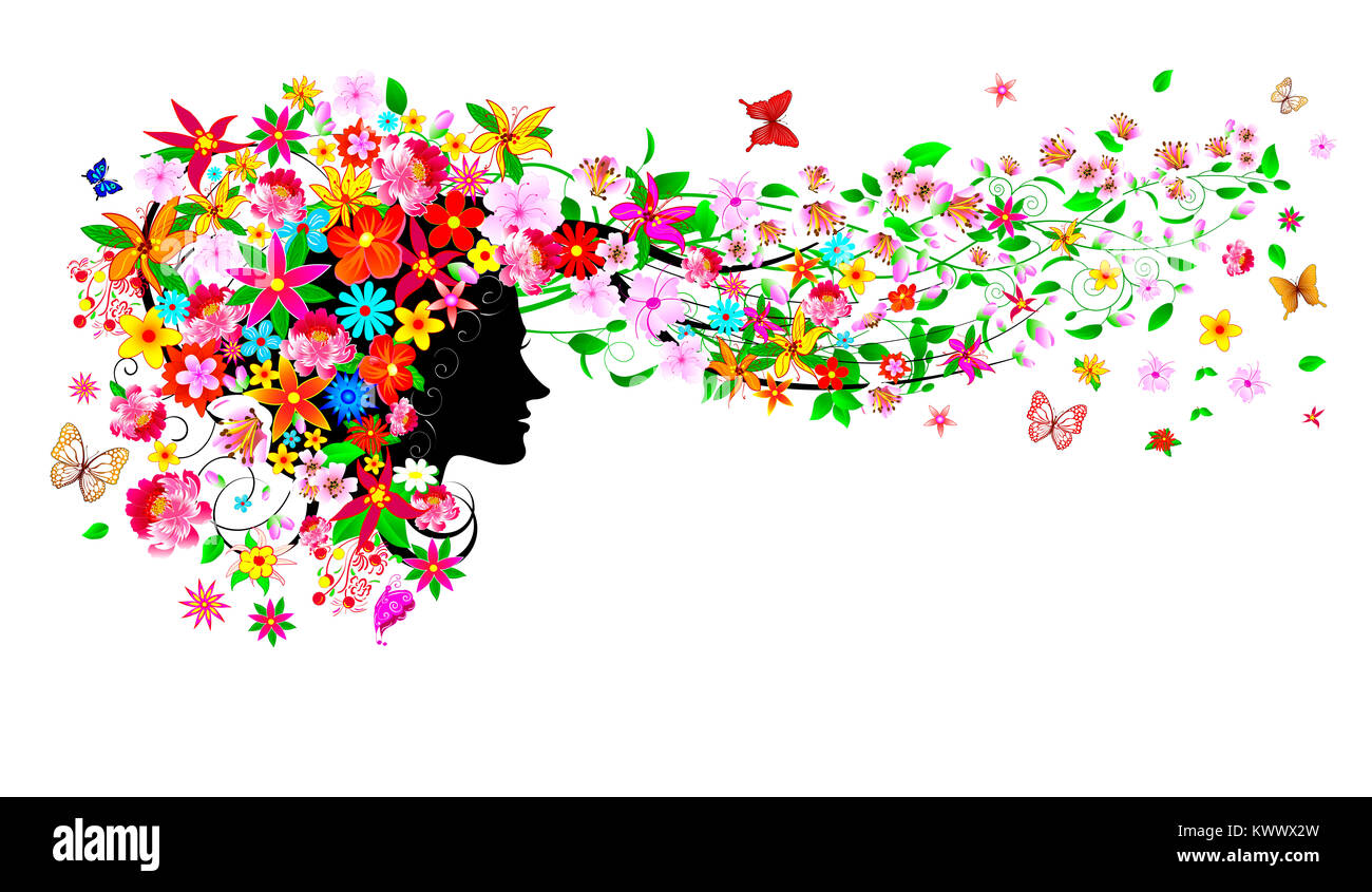Silhouette of a woman's face among flowers and butterflies. Girl with
