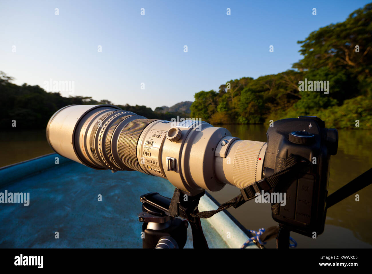 Big telephoto lens ready for wildlife photography at Gatun lake, Republic of Panama. Stock Photo
