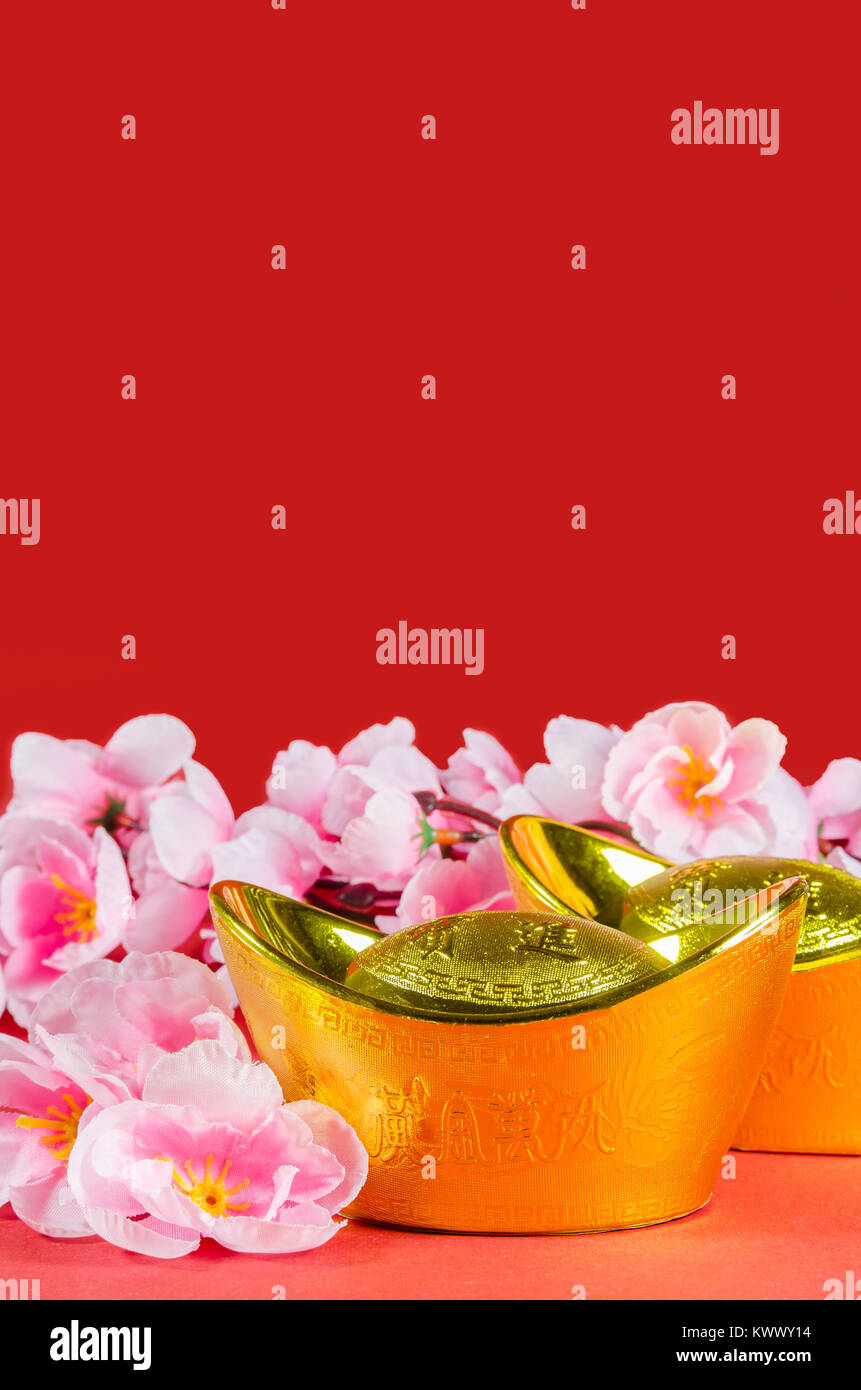 Chinese New Year decorations on red background (English translation for