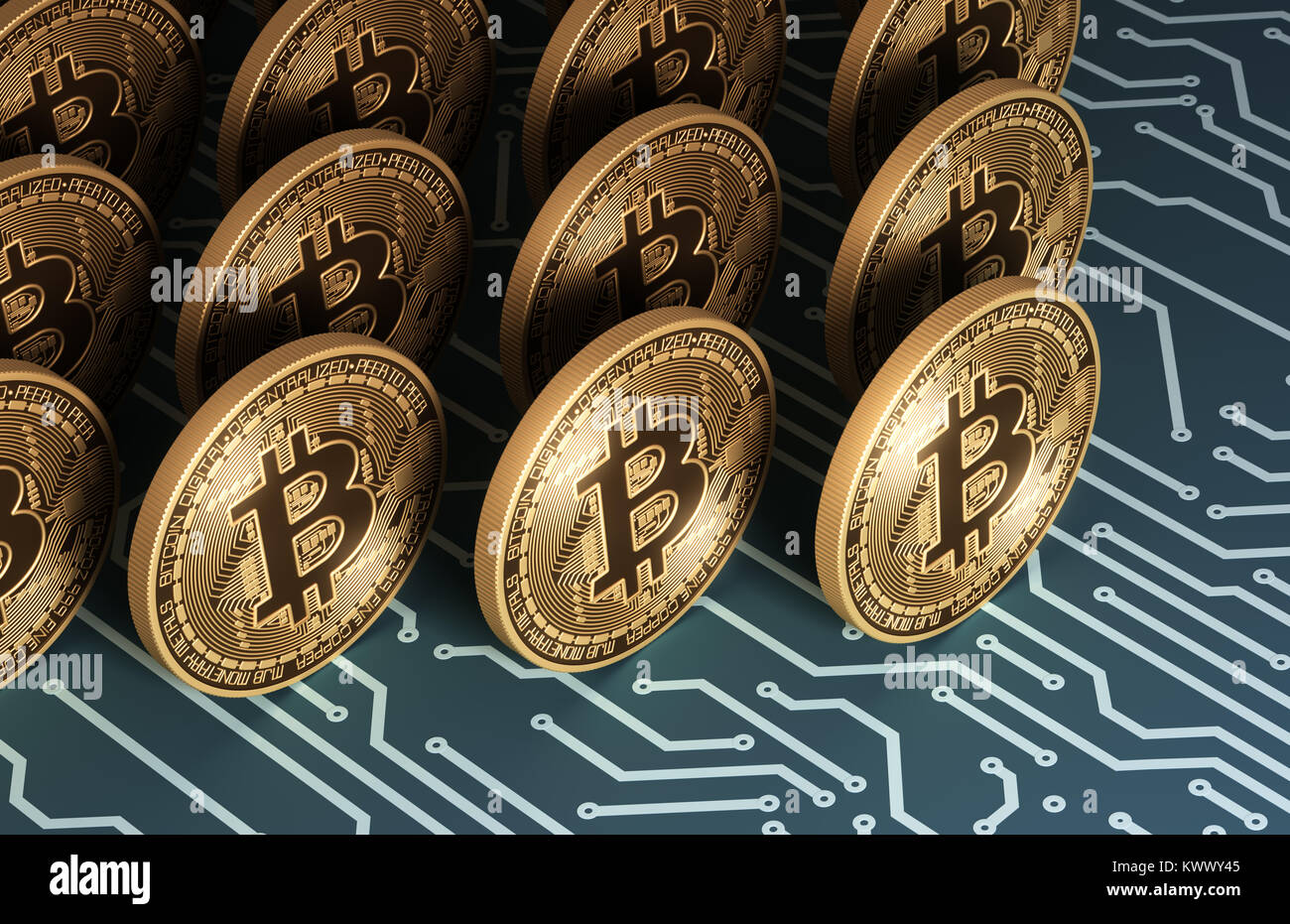 Gold Virtual Coins Bitcoins On Blue Printed Circuit Board. 3D Illustration  Stock Photo - Alamy