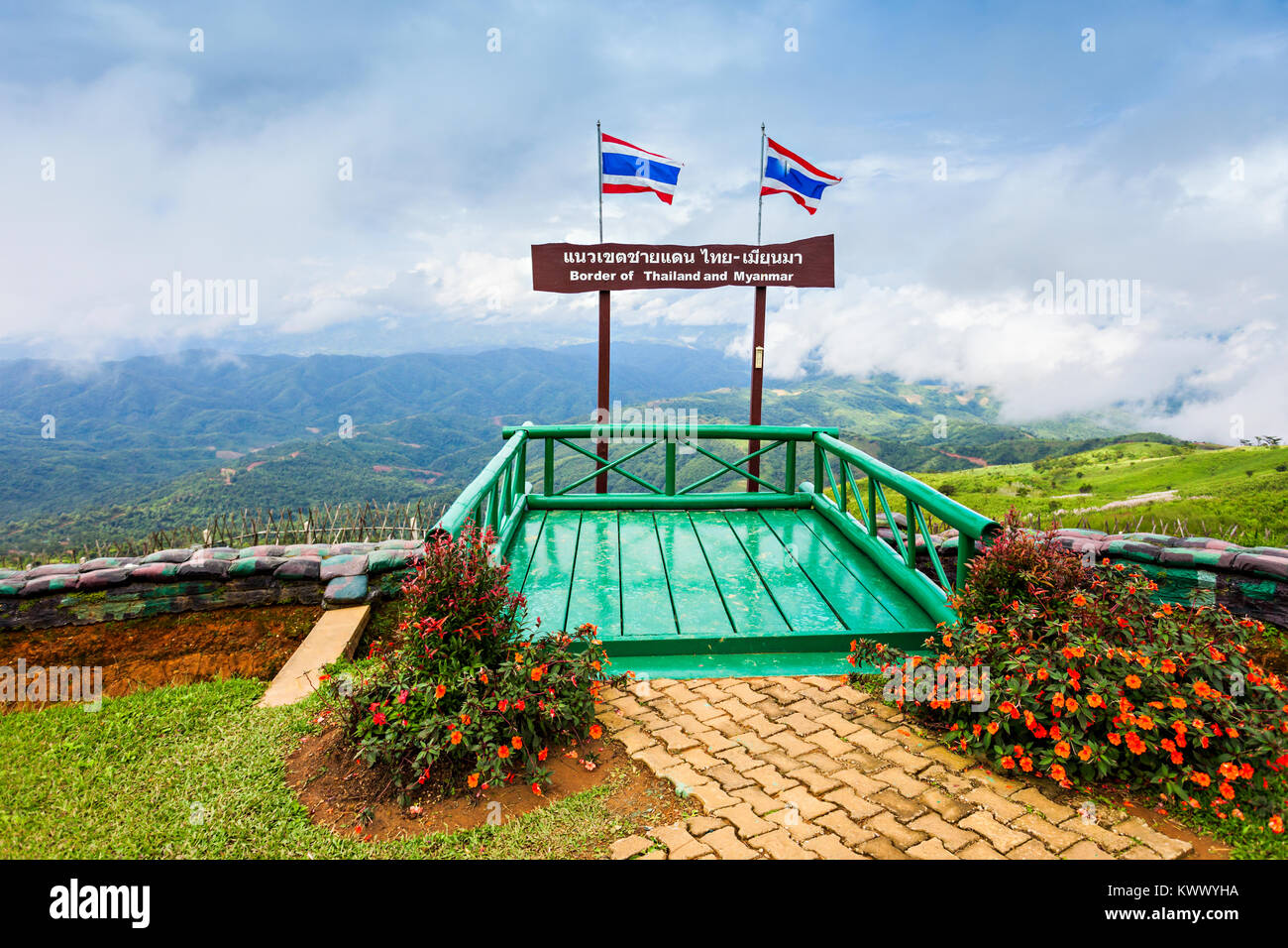 Sign of Thailand and Myanmar Border, Northern Thailand Stock Photo