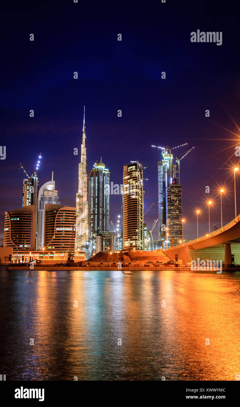 View of Dubai downtown skyline at night Stock Photo