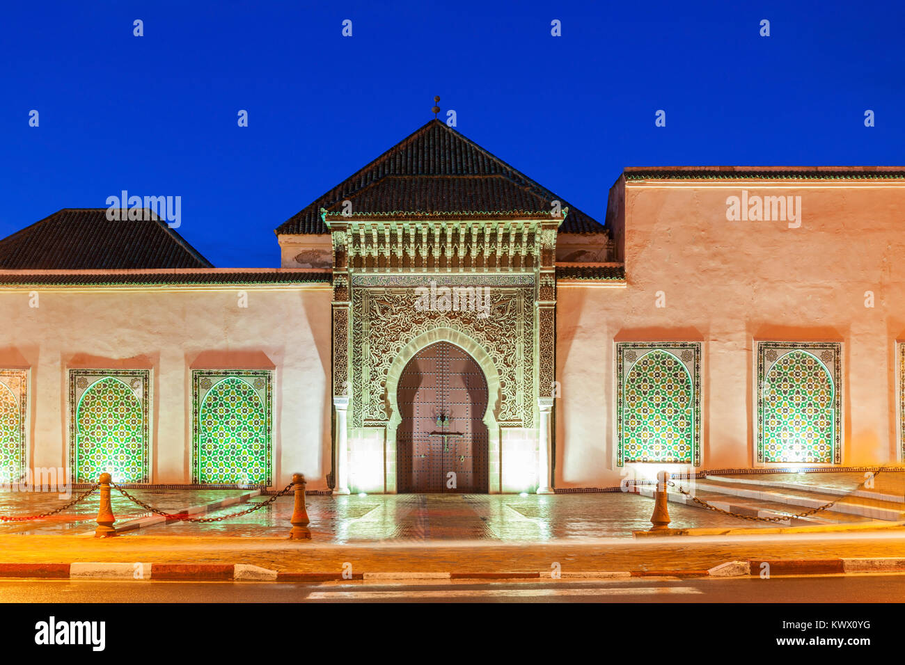 The Mausoleum of Moulay Ismail in Meknes in Morocco. Mausoleum of Moulay Ismail is a tomb and mosque located in the Morocco city of Meknes. Stock Photo