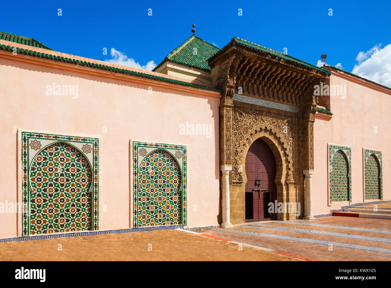 The Mausoleum of Moulay Ismail in Meknes in Morocco. Mausoleum of Moulay Ismail is a tomb and mosque located in the Morocco city of Meknes. Stock Photo