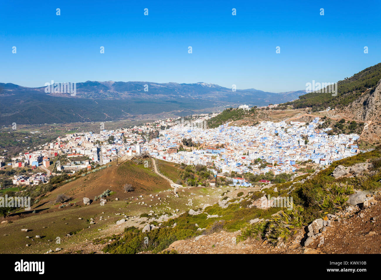 Chefchaouen and Rif mountains aerial panoramic view, Morocco