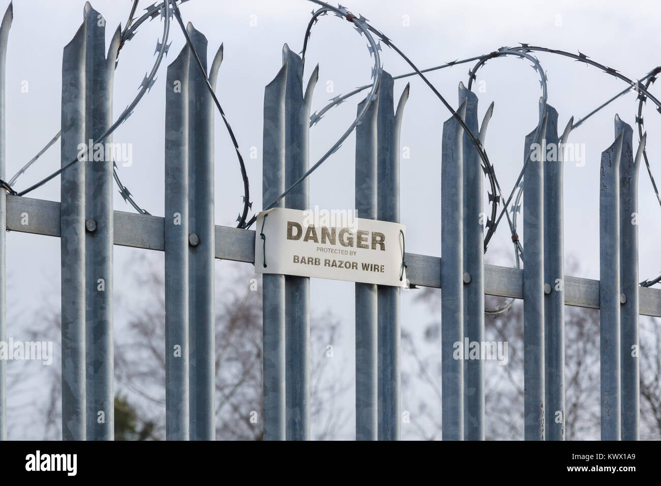 Galvanised steel spikes on top of a security gate or fence topped with barbed razor wire with a danger notice Stock Photo