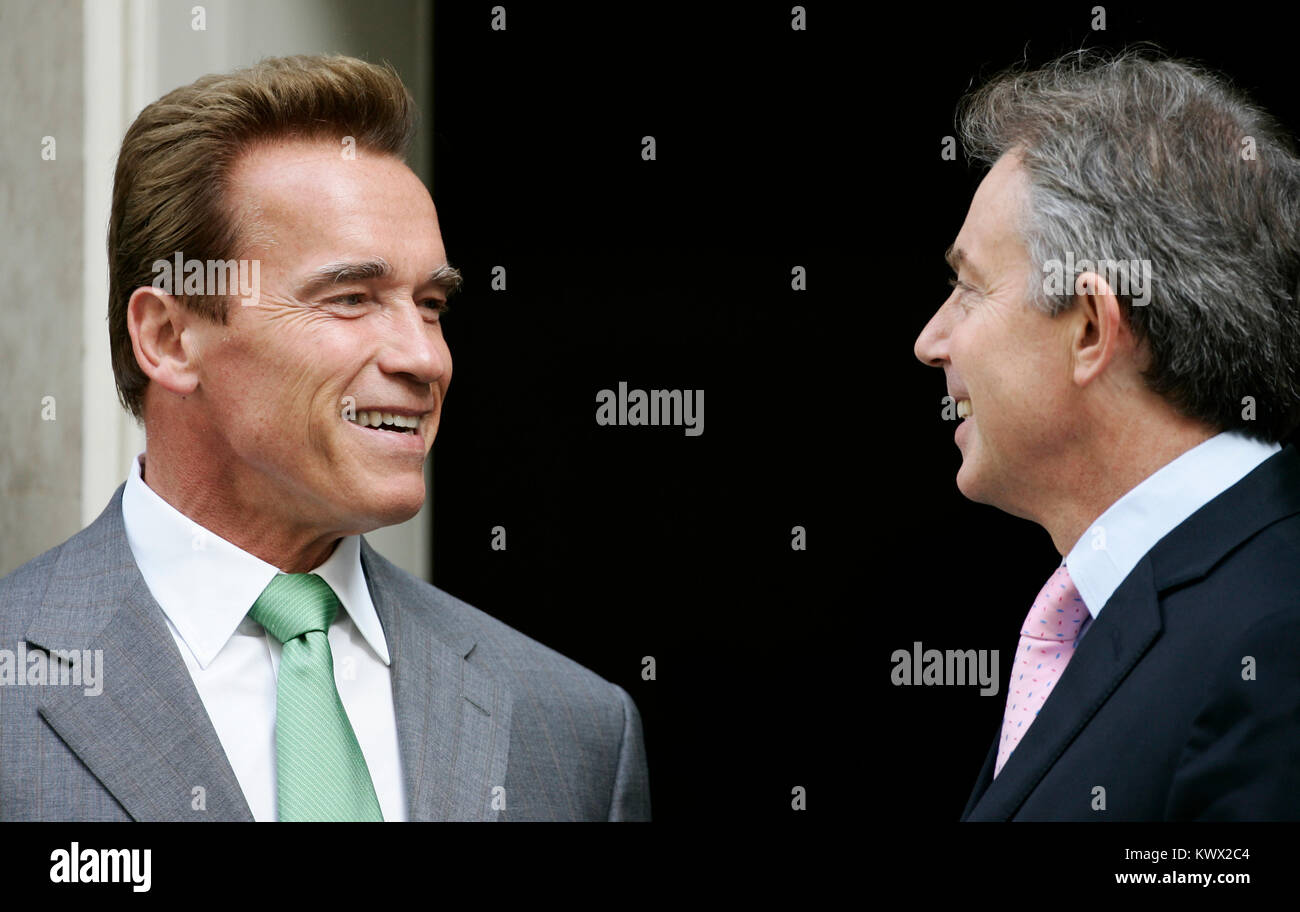 Arnold Schwarzenegger meets British Prime Minister Tony Blair at 10 Downing Street, London. 26 June 2017. Stock Photo